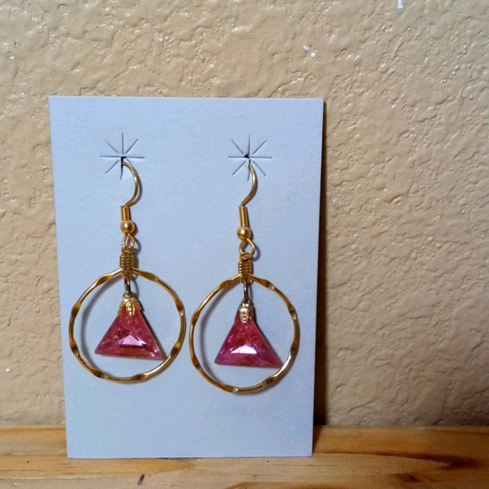 Hand crafted gold tone circle pink triangle glass